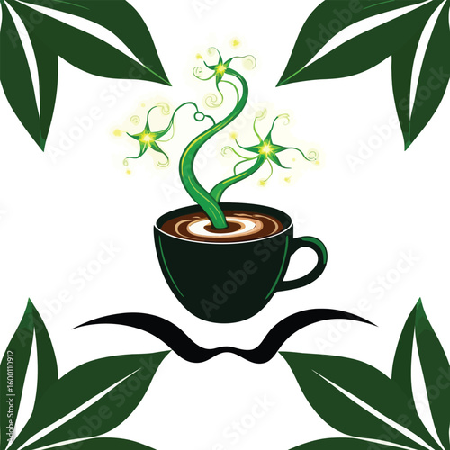 Conceptual Illustration Coffee Cup Plant With Glowing Floral Growth On White Conveying Nature And Energy