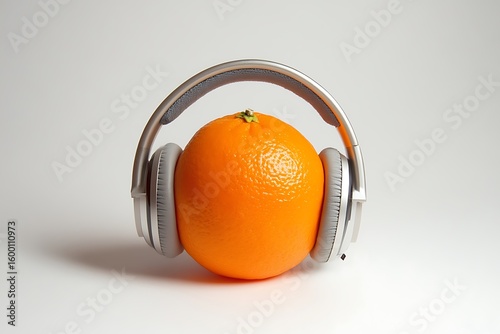 Headphones coiled around an orange set against a white surface.