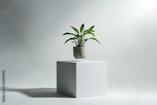 A floating plant pot suspended neatly over a white block.