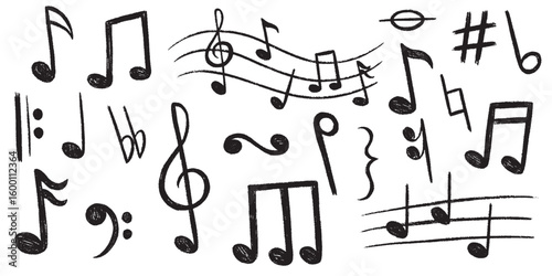 Crayon music notes set. Chalk doodle musical symbols collection. Kids pencil textured symbols. Charcoal brush scribbled music signs bundle. Sound elements. Hand drawn vector illustration  