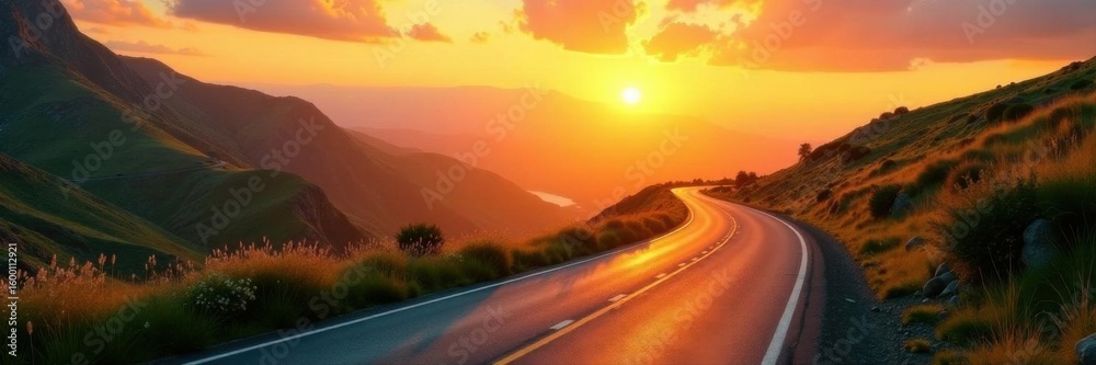 Fototapeta premium Golden sunrise over winding road, idyllic landscape, clouds, sky
