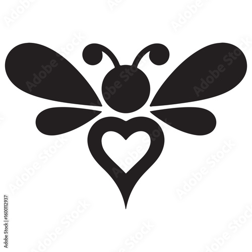 A black and white graphic of a bee with a heart shaped body and round antennae on a white background