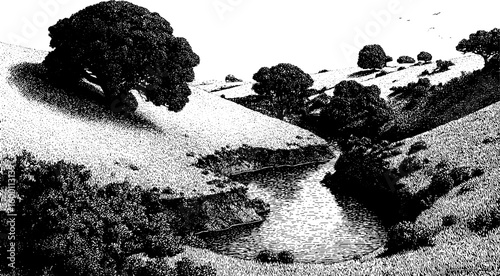 Hills, trees, and a river in stipple style landscape. Black and white nature vector illustration with textured details.