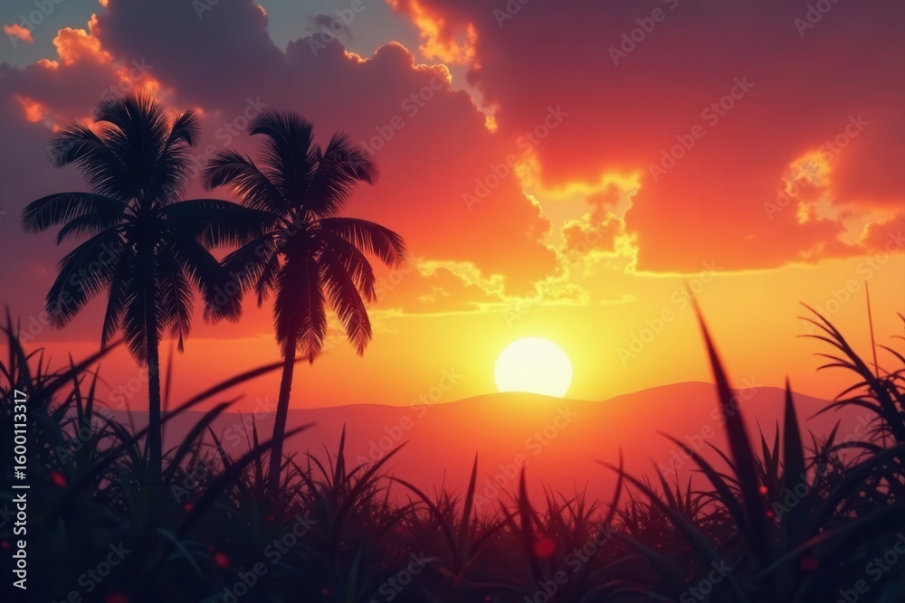 Obraz premium Golden sunset hues paint sky behind dark palm trees , ocean, vacation