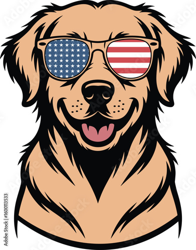 Golden retriever dog smiling with American sunglasses vector illustration