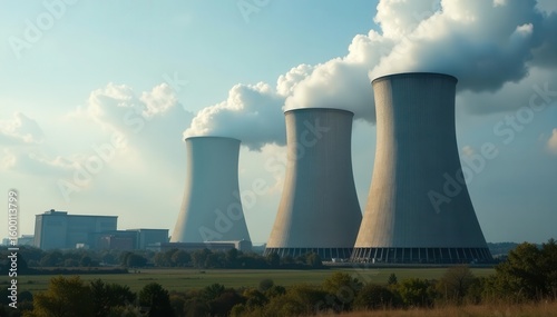 Imposing nuclear facility, massive steam clouds from cooling towers , technology, power plant