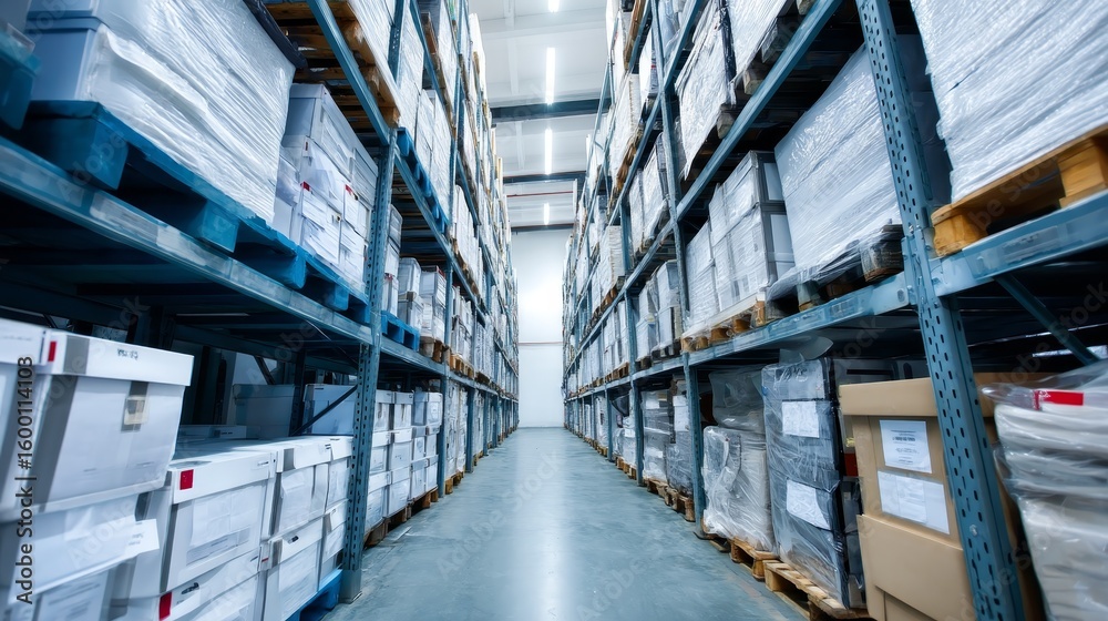 Fototapeta premium Expansive industrial warehouse shelving with white server boxes illuminated by cold blue glow, lowangle ultrawide view into darkness, hightech storage environment, organized and modern feel, copy spa