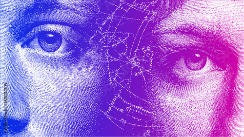 Engraved eyes and face in halftone and stipple style with abstract gradient. Vintage and modern graphic vector illustration.