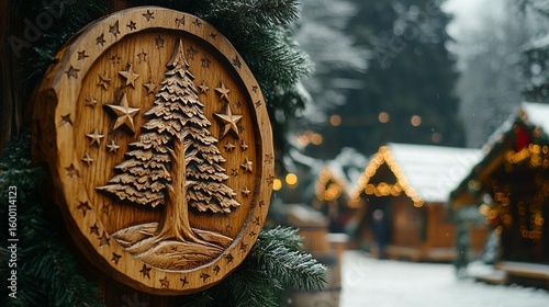 Wooden Christmas tree carving, snowy winter village background
