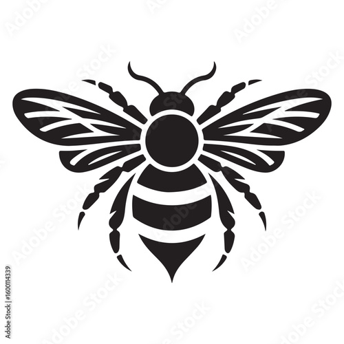 A black and white graphic illustration of a bee with detailed wings and striped abdomen design
