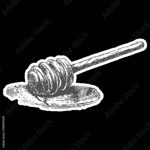 Honey dipper with liquid honey in black and white handdrawn style. Vintage engraving vector illustration.