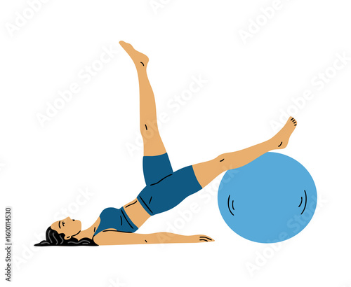 Sporty young woman doing exercises with gymnastic ball. Girl doing fitness and pilates. Sports training. Caring for health and beauty of body. Vector illustration isolated on white
