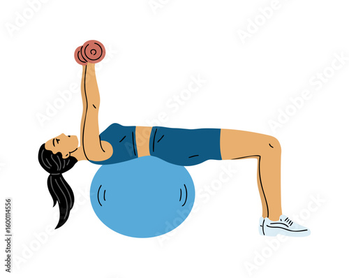 Sporty young woman doing exercises with gymnastic ball and dumbbells. Girl doing fitness and pilates. Sports training. Caring for health and beauty of body. Vector illustration isolated on white