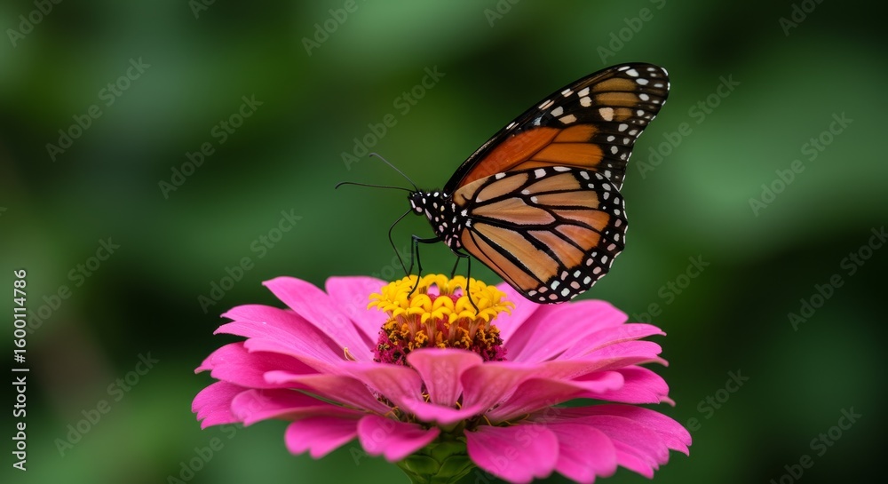 Naklejka premium Monarch Butterfly on Pink Zinnia Flower - A monarch butterfly delicately rests on a vibrant pink zinnia, symbolizing nature, beauty, transformation, freedom, and serenity