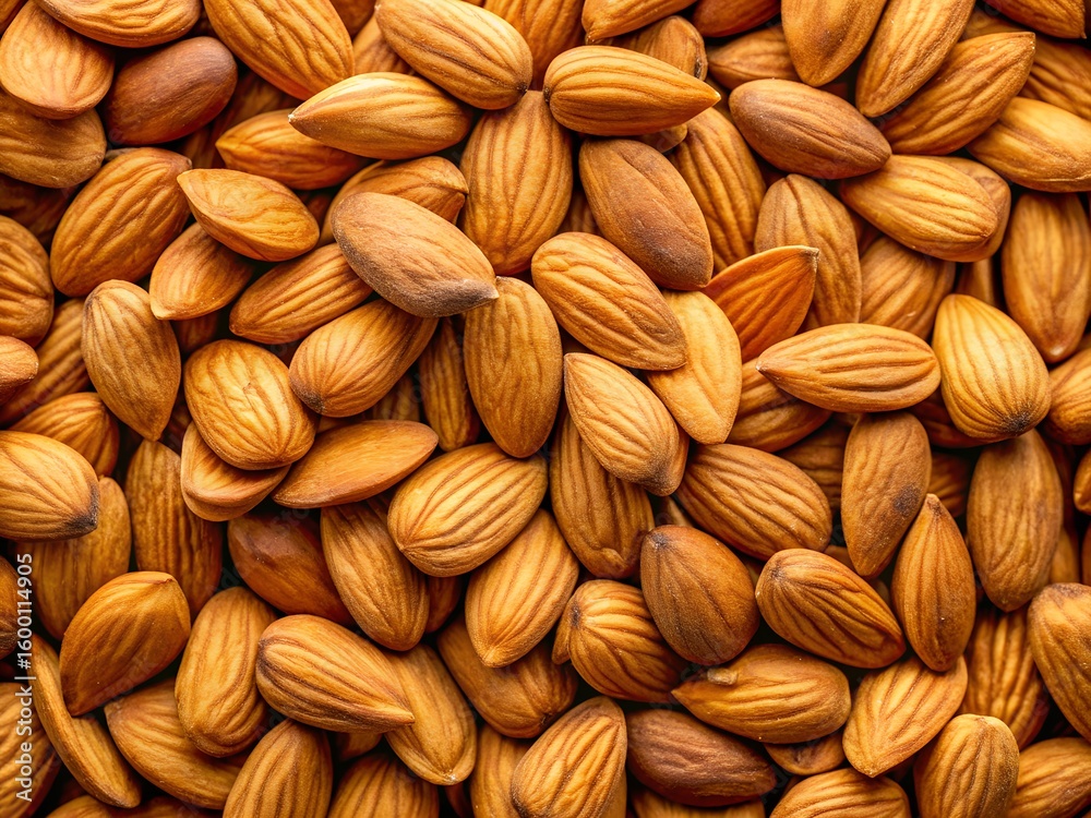 Fototapeta premium Close up overhead view of a pile of raw unsalted almonds filling the frame