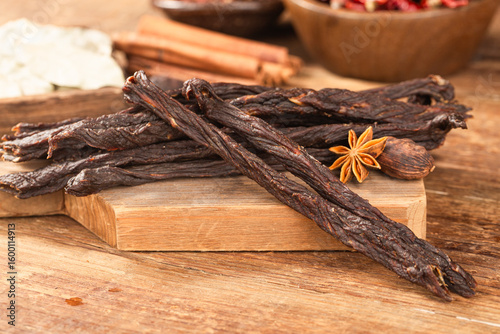 Fototapeta Naklejka Na Ścianę i Meble -  Beef strips, finely chopped beef jerky