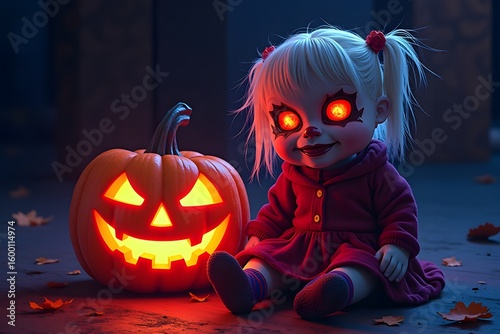 neon freak Conceptual illustration with doll, pumpkin, halloween