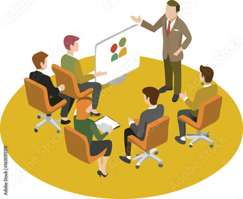 A group of people sitting in a circle around a presenter and a screen in a business meeting room