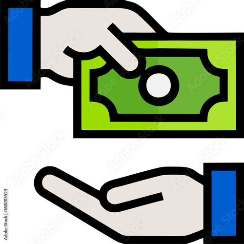 An illustration showing a hand extending a green banknote towards an open, receiving hand below. The banknote has a stylized design with a circular element in the center. Both hands have blue cuffs on