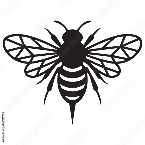 A black silhouette of a bee with striped abdomen and detailed wings on a white background isolated