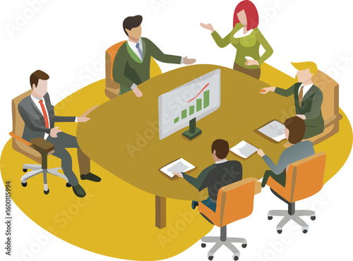 A business meeting with six people around a table with a monitor showing a rising graph chart