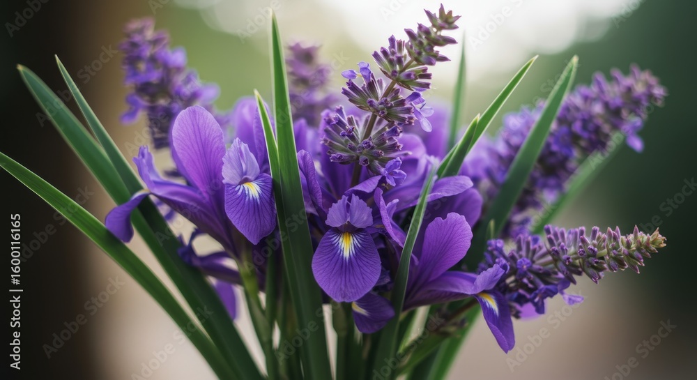 Obraz premium Purple Iris and Lavender Bouquet - Close-up of a vibrant bouquet featuring purple irises and lavender, showcasing their delicate petals and lush green stems