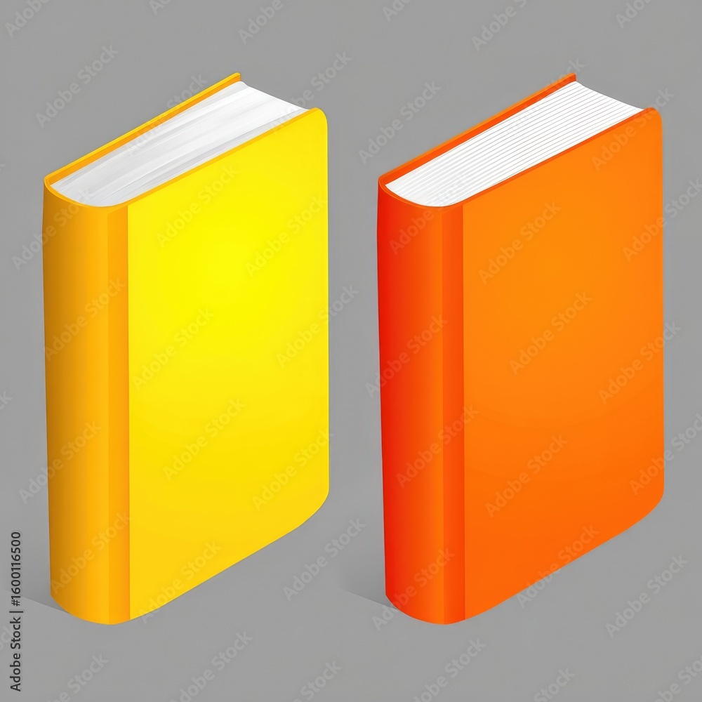 Two hardcover books, one yellow, one orange, positioned slightly apart against a grey background; simple, clean design Two hardcover books, one yellow, one orange, positioned slightly apart against a grey background; simple, clean design