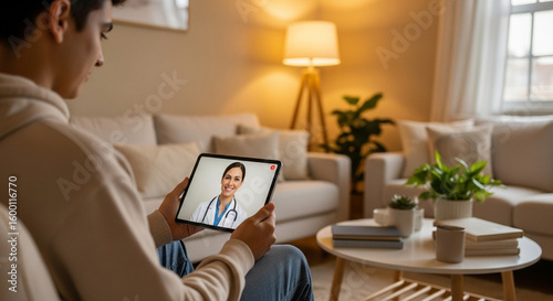 Virtual Doctor Visit Modern Healthcare Telemedicine Technology for Convenient Patient Care and Consultation at Home Using a Tablet