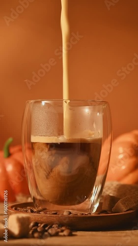 Pumpkin latte making in glass mug on wooden table, with pumpkins, sugar cubes, and coffee beans, cozy autumn mood, vertical frame.