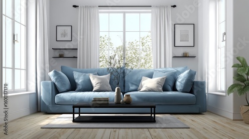 Modern light-filled living room with blue sofa