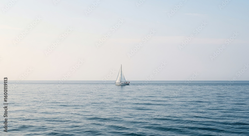 Obraz premium Solitary Sailboat on Calm Ocean - A single sailboat peacefully sails across a tranquil ocean, symbolizing freedom, serenity, journey, exploration, and hope