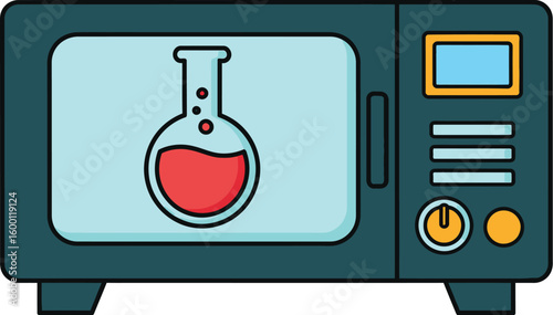 Cartoon laboratory flask with red liquid inside a microwave oven