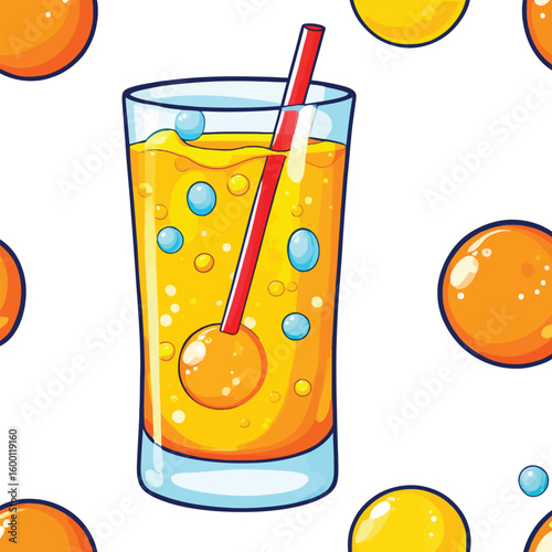 Cute Cartoon Orange Juice Seamless Pattern For Backgrounds And Creative Projects Featuring A Tall Glass Of Bubbly Orange Juice With A Red Straw Surrounded By Floating Orange Spheres