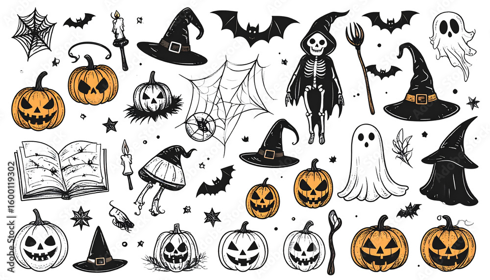 Fototapeta premium This vector set features a spooky, cartoon Halloween illustration with iconic bats, ghosts, pumpkins, and witches, perfect for autumn holiday designs