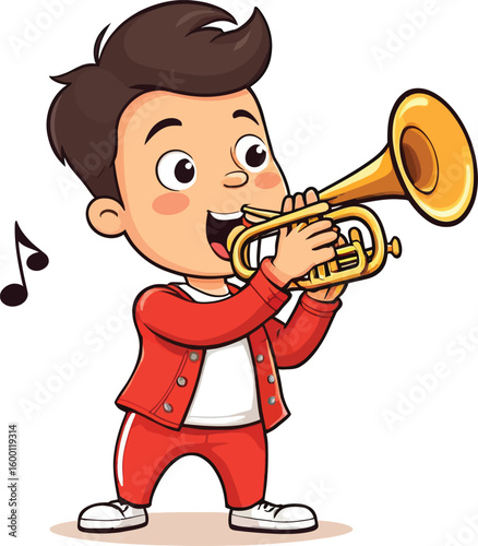 Cartoon Boy Playing The Trumpet With Musical Notes A Vibrant And Joyful Illustration Style Perfect For Childrens Educational Materials Or Cheerful Designs