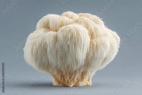 Detailed studio shot of a fresh Lion's Mane mushroom against grey background