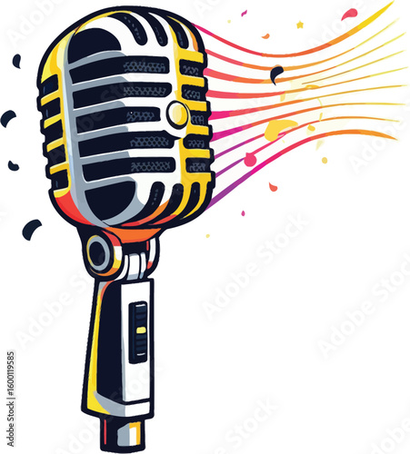 Retro Microphone Vector Illustration With Stylized Sound Waves For Entertainment Concepts And Podcast Art In Bold Colorful Design On A White Background