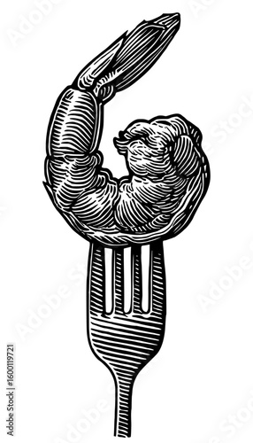 Detailed ink-style illustration of a perfectly cooked, curled shrimp impaled on a fork. 