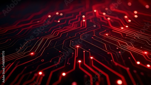 Abstract red circuit board with glowing lights representing data flow and technological advancement