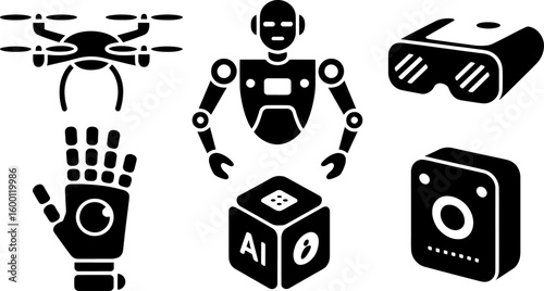 Vector Silhouette Art: AI Technology Icons, Drone, Robot, VR Headset, Smart Hand