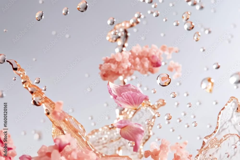 Floating Pink Rose Petals with Himalayan Bath Salt and Water Splash in Motion