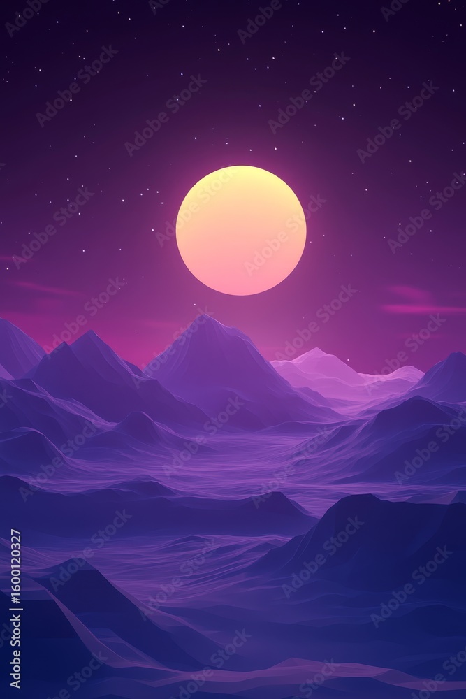 Fototapeta premium A stunning portrayal of a surreal landscape featuring a large sun casting its glow on majestic purple mountains. An enchanting visual experience.