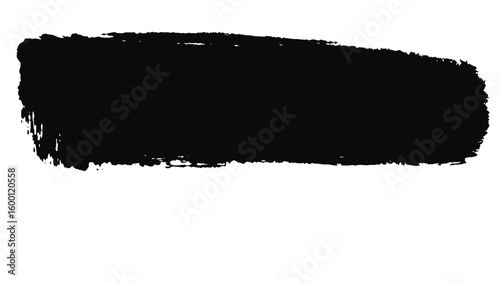 A wide horizontal black brush stroke with a textured slightly frayed edge is presented on a stark white