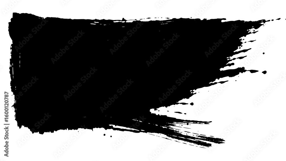 Fototapeta premium A thick black ink stroke with visible bristle marks and splatters is isolated against a plain white
