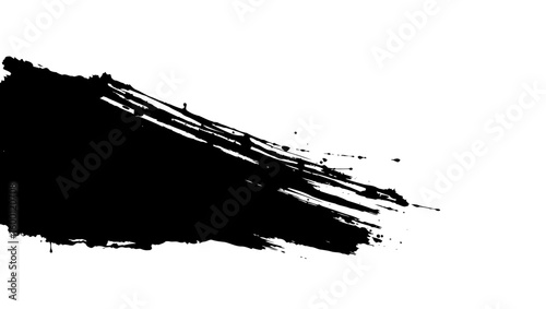 A long diagonal black brushstroke with a rough streaky texture and small paint splatters is isolated