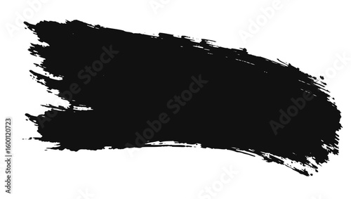A wide black brushstroke featuring a distressed textured edge and a slight curve is presented on a