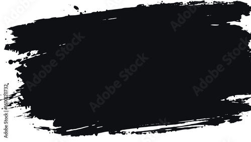 A broad horizontal black brushstroke with a textured frayed edge and scattered paint drips is
