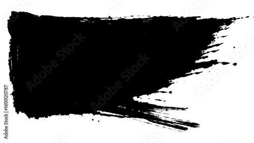 A thick black ink stroke with visible bristle marks and splatters is isolated against a plain white