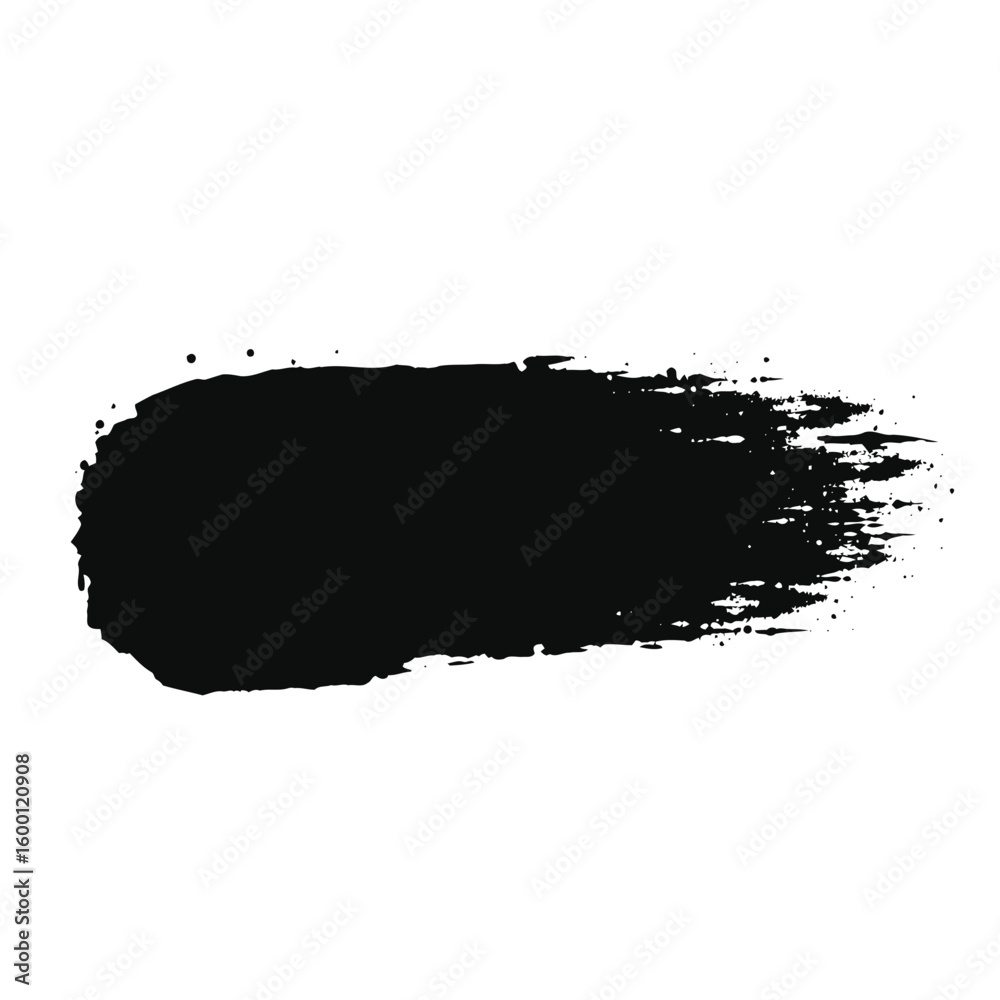 A wide black brush stroke with a feathered textured edge and scattered paint dots is isolated against a