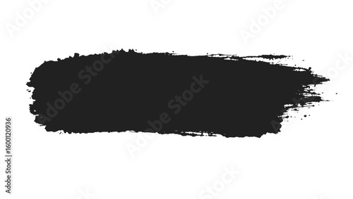 A thick textured black brush stroke with rough edges and scattered ink splatters on white